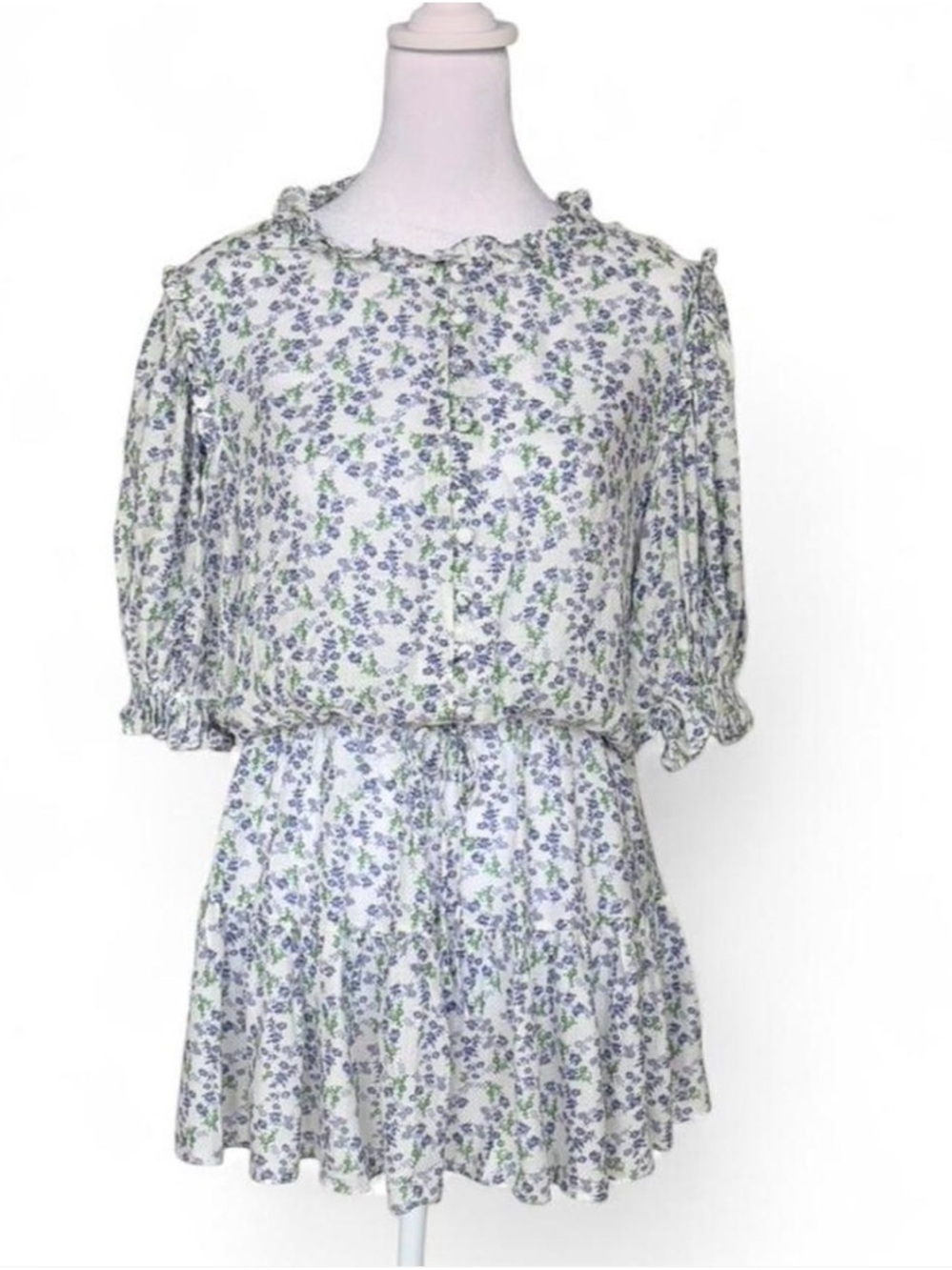Skylar + Madison by Anthropologie Floral Mini Dress in Cream with Blue & Green